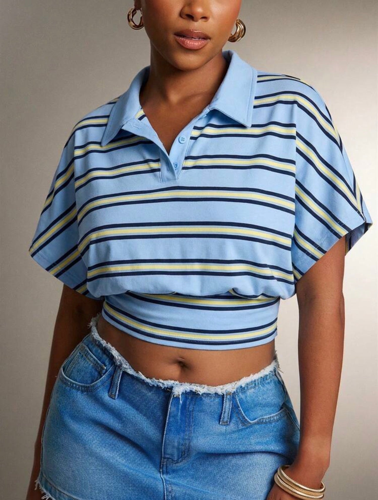Women’s Cinched Waist Striped Polo Collar Top – Fashion Casual Shirt