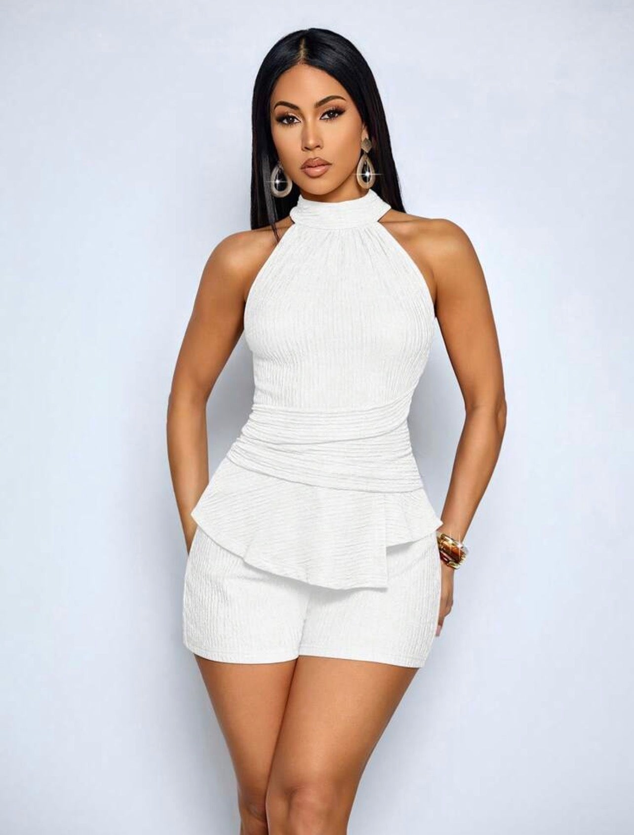 Elegant Halter Neck Cinched Waist Short Jumpsuit – Resort Summer Style