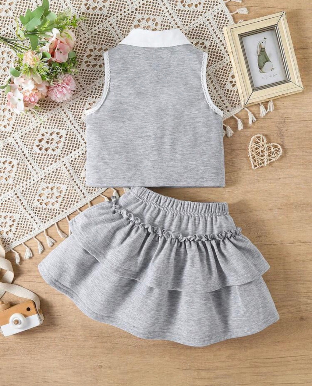 Girls School-Inspired Sleeveless Top & Layered Ruffle Skirt 2-Piece Set with Peter Pan Collar