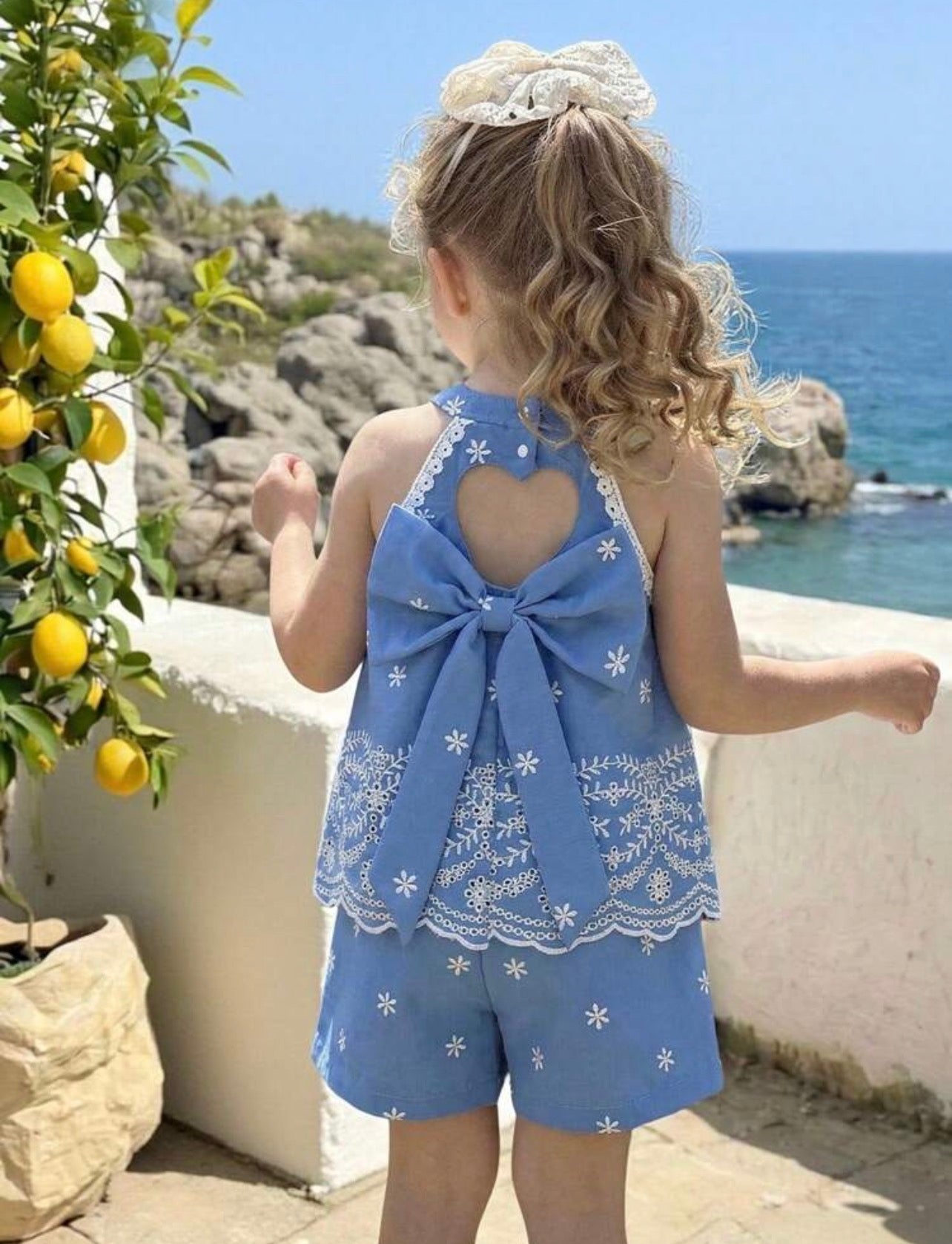 Girls Pink Halter Tank Top with Back Bow & Embroidered Shorts Matching Set