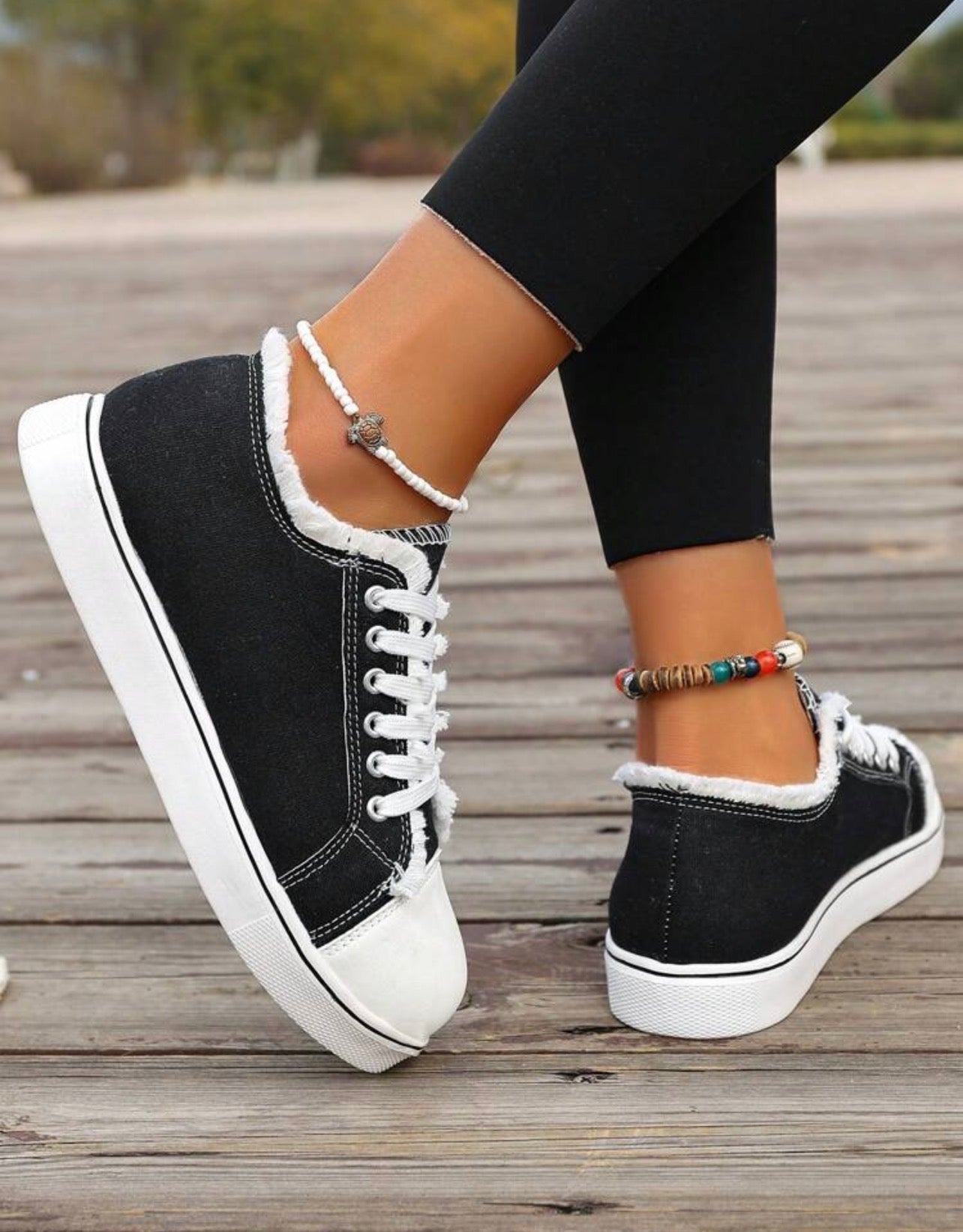 Women’s Round Toe Lace-Up Canvas Sneakers with Frayed Detail for Everyday Casual Wear