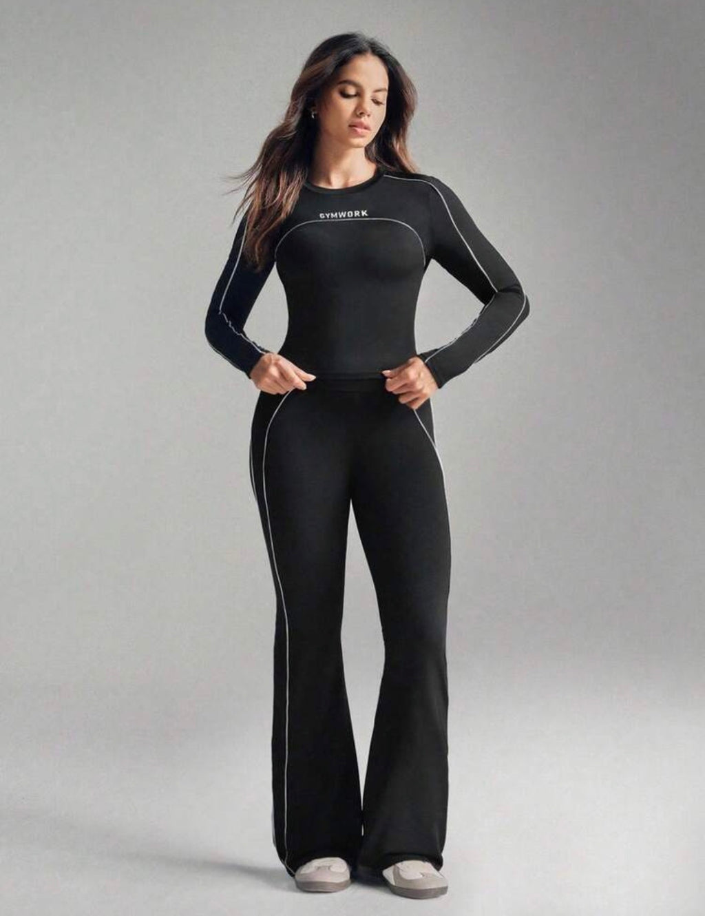 Women’s Plus Size Black & White Long Sleeve Yoga Workout Set