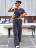 Women’s Vintage Washed Embroidered Loose T-Shirt & Wide Leg Pants Two-Piece Set