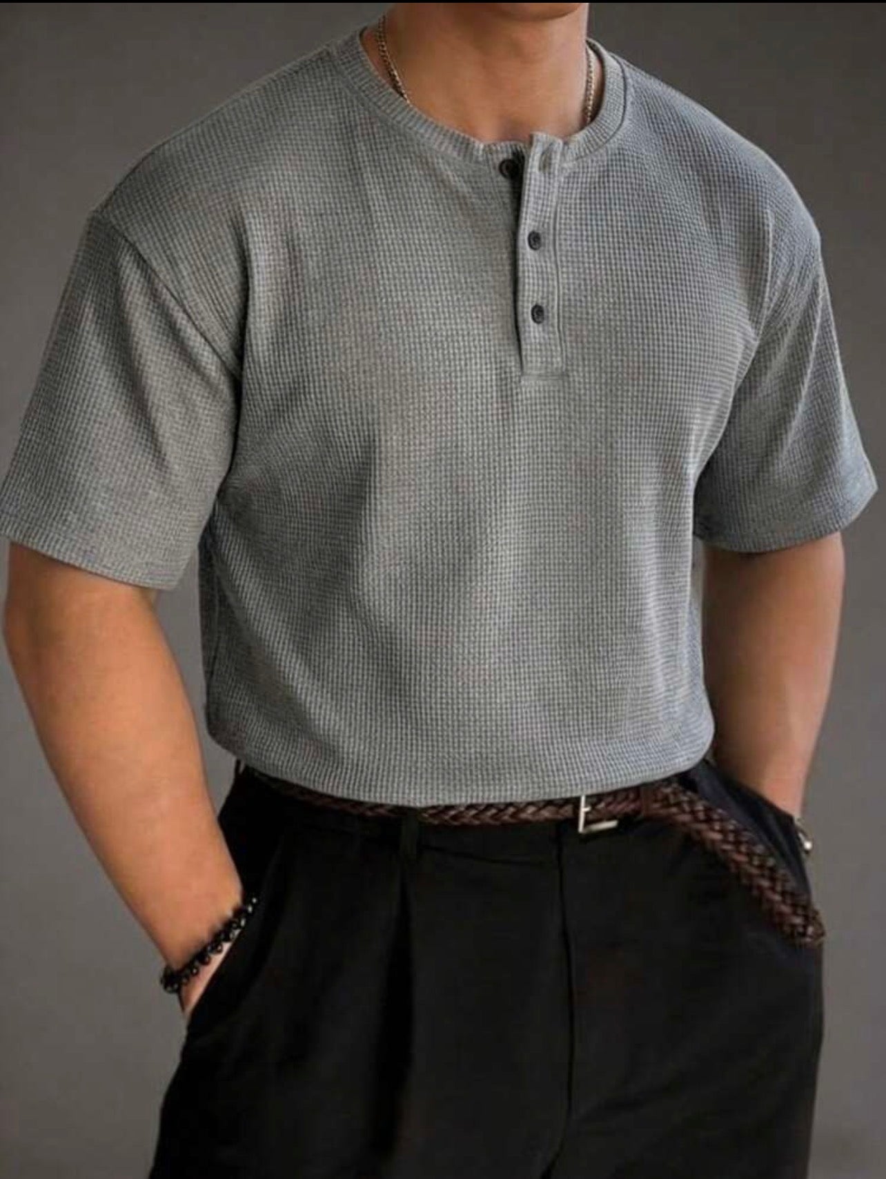 Men’s Waffle Knit Henley Collar Button Casual Polo Shirt – Relaxed Fit Short Sleeve Top
