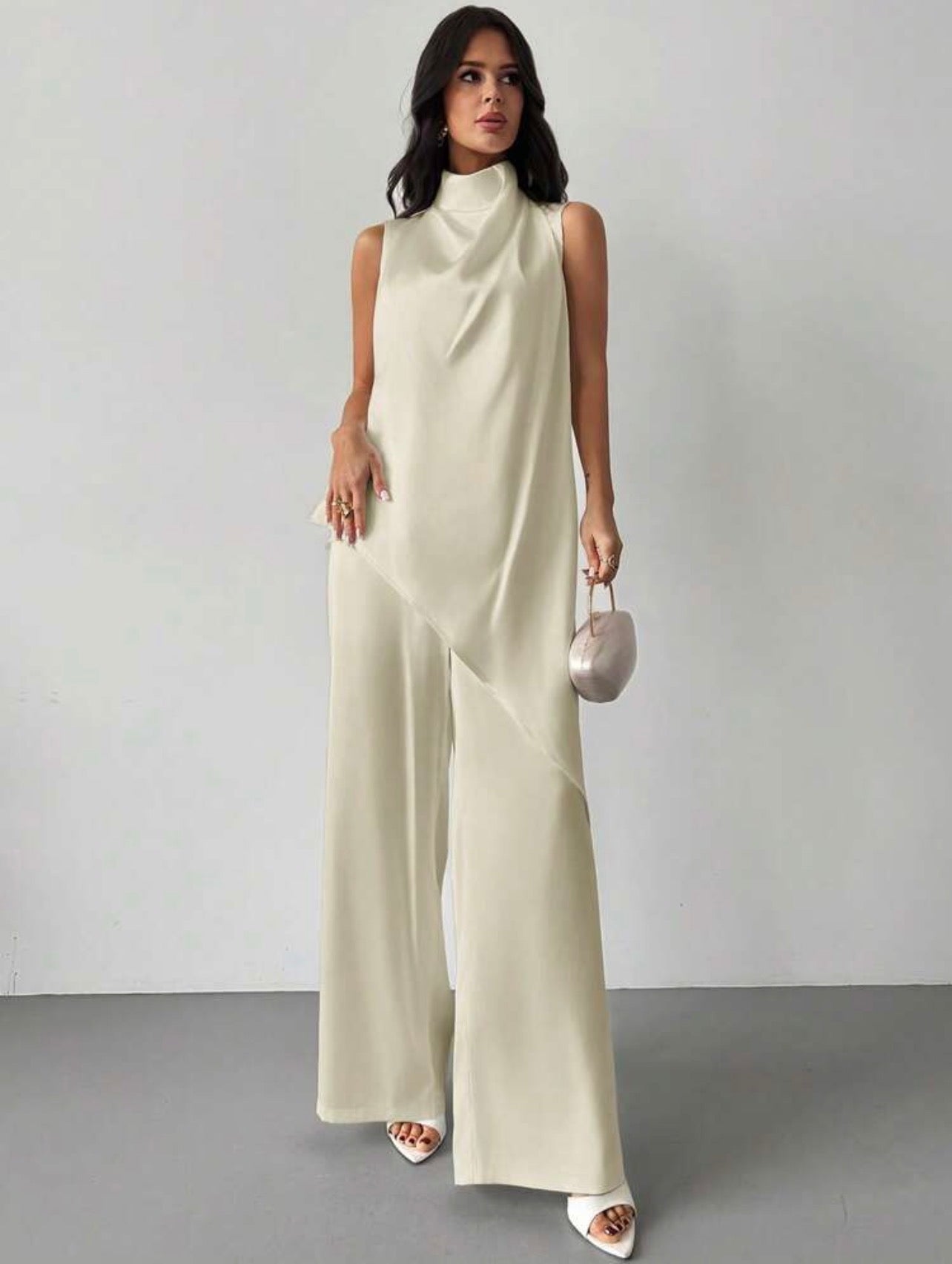 Women’s Satin Sleeveless Pleated Collar Blouse & Straight Leg Pants Elegant Two-Piece Set