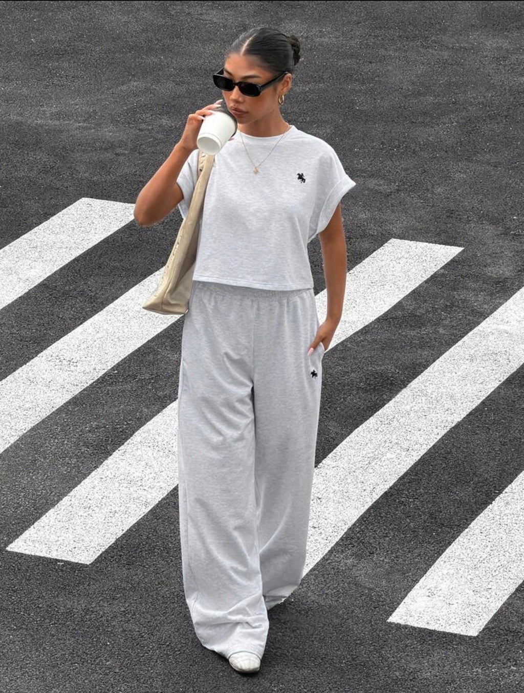 Women’s Vintage Washed Embroidered Loose T-Shirt & Wide Leg Pants Two-Piece Set