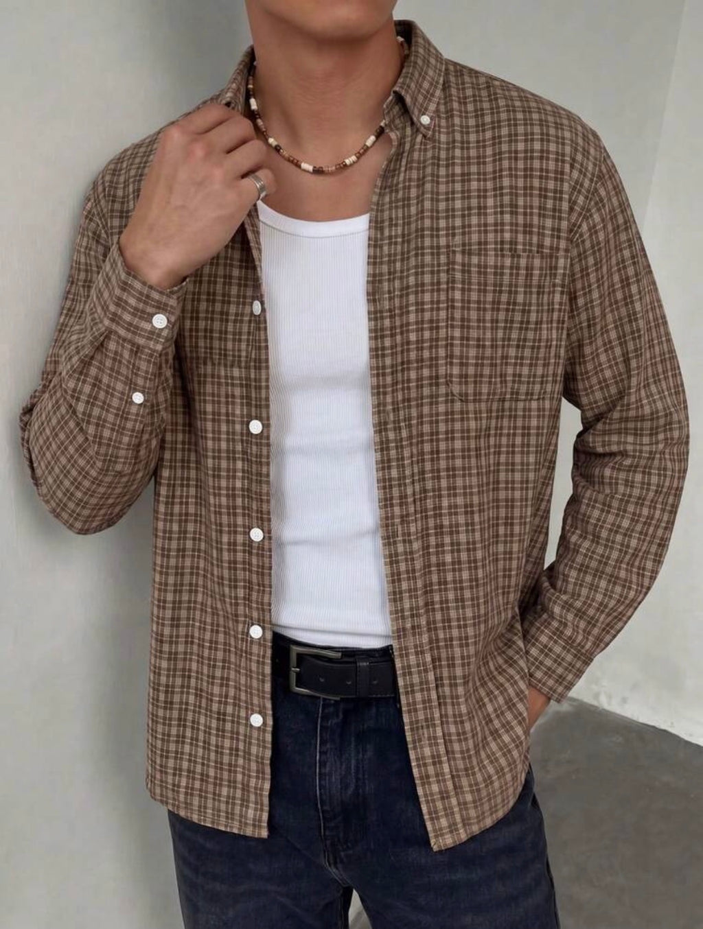 Men’s Contrast Plaid Button-Up Shirt – Vintage Casual Loose Fit Top