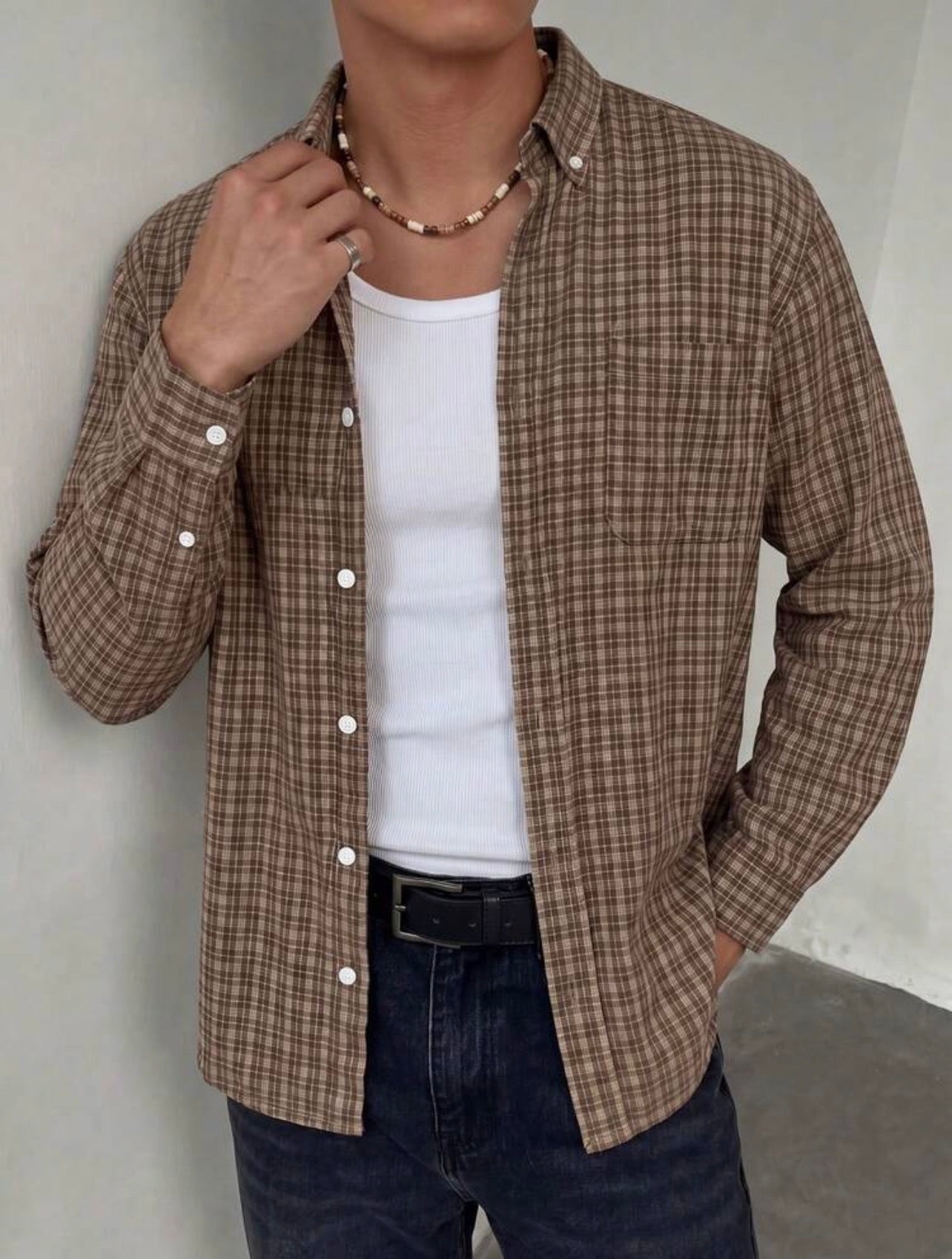 Men’s Contrast Plaid Button-Up Shirt – Vintage Casual Loose Fit Top