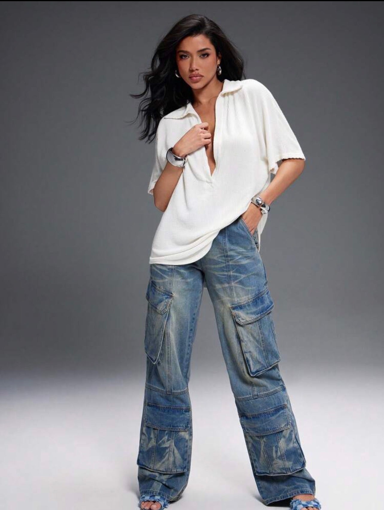 Women’s Plunge Neck Collared Oversized Short Sleeve Top – Casual Fashion Wear