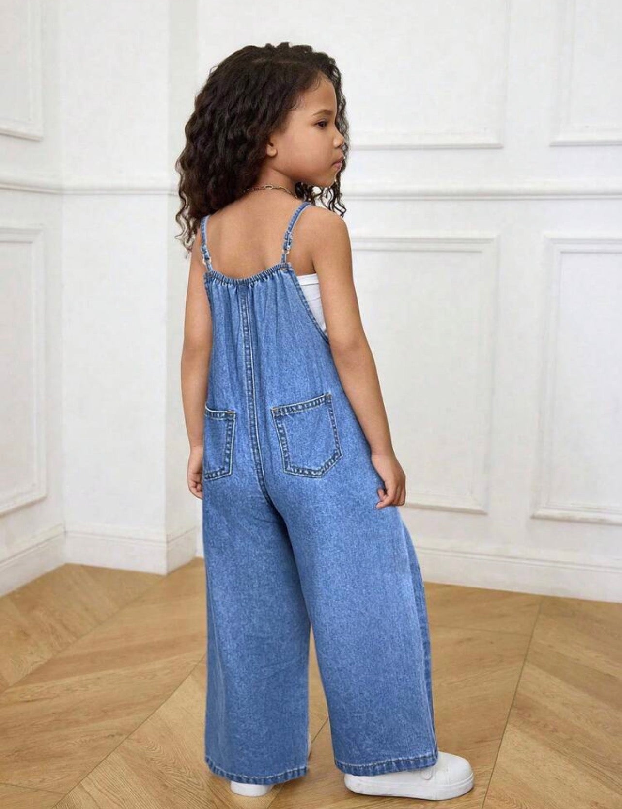 Girls Dark Blue Denim Halter Jumpsuit for Casual Vacation & Summer Wear
