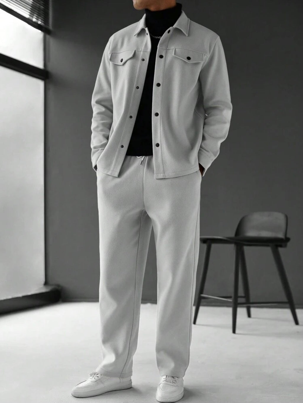 Men’s Solid Color Single-Breasted Jacket & Pants Two-Piece Set – Casual Fall Outfit