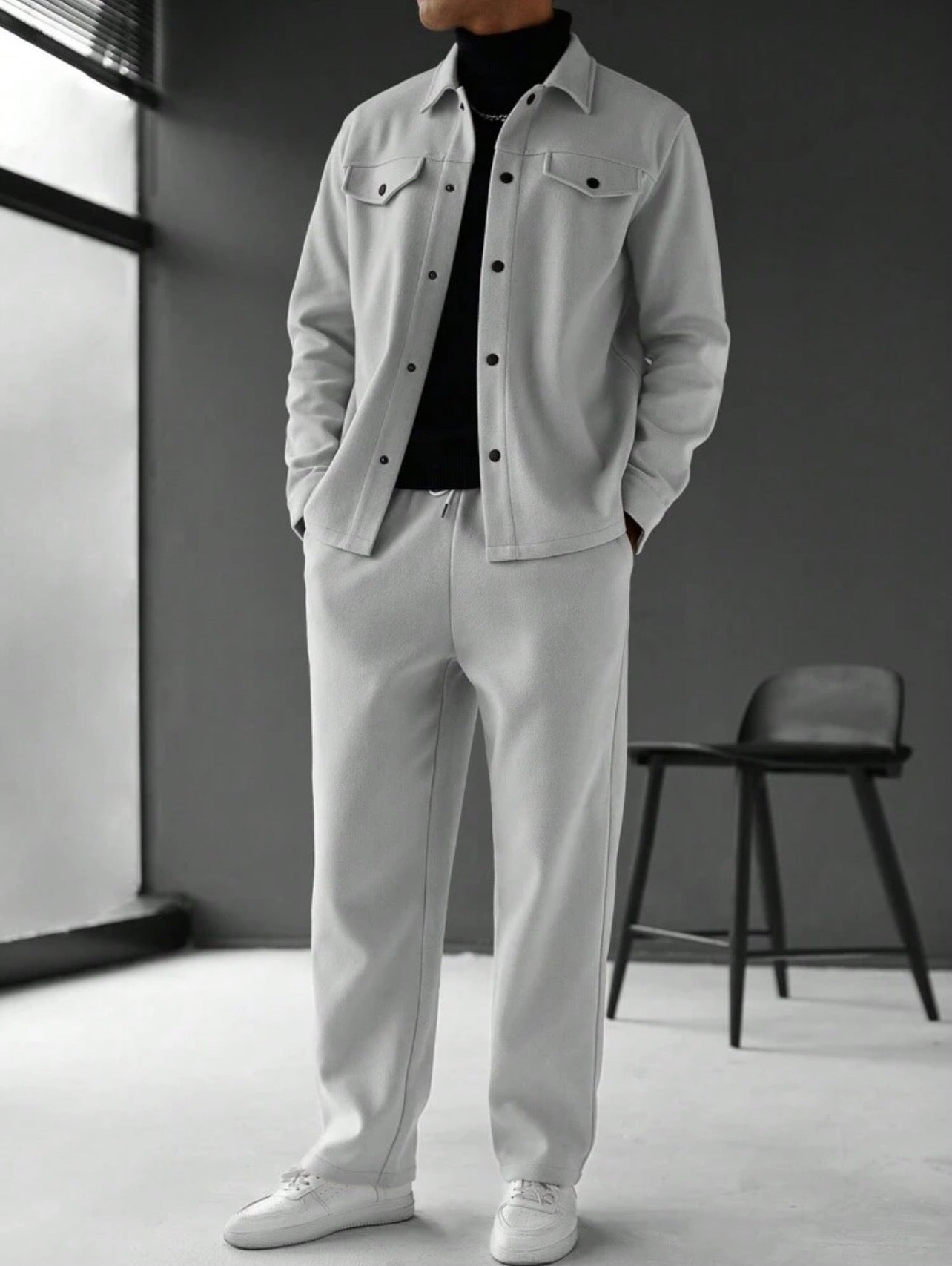 Men’s Solid Color Single-Breasted Jacket & Pants Two-Piece Set – Casual Fall Outfit