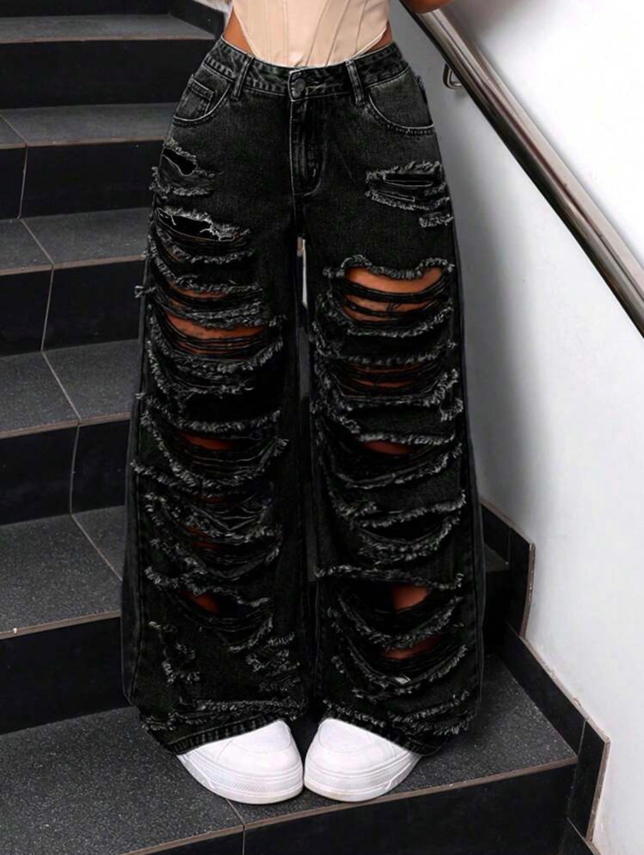Women’s Distressed Loose Fit Wide Leg Denim Pants – Casual Streetwear Jeans