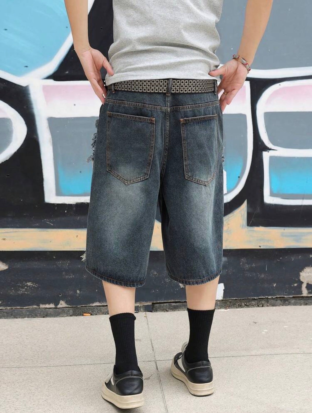 Men’s Distressed Wide Leg Jeans – Fashion Streetwear Denim Shorts