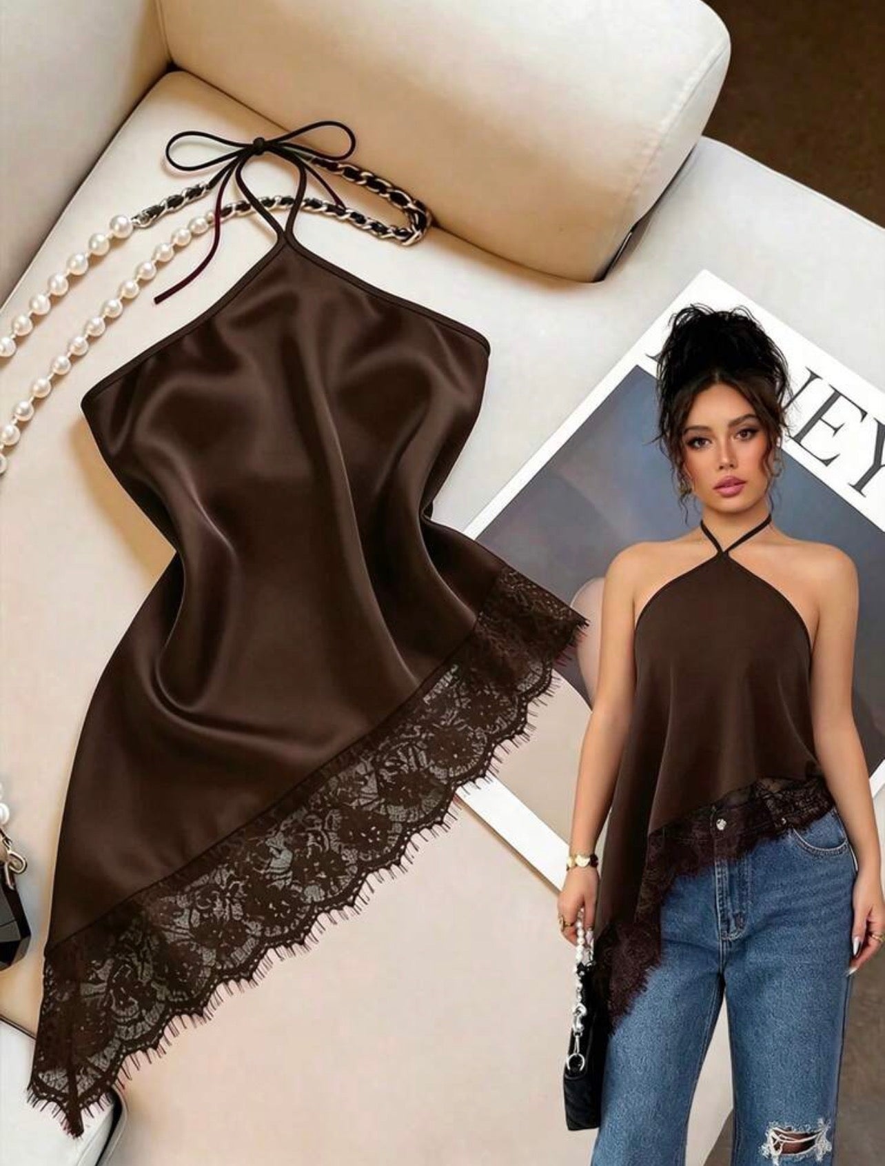 Women’s Halter Neck Lace Trim Backless Camisole Top with Asymmetric Hem