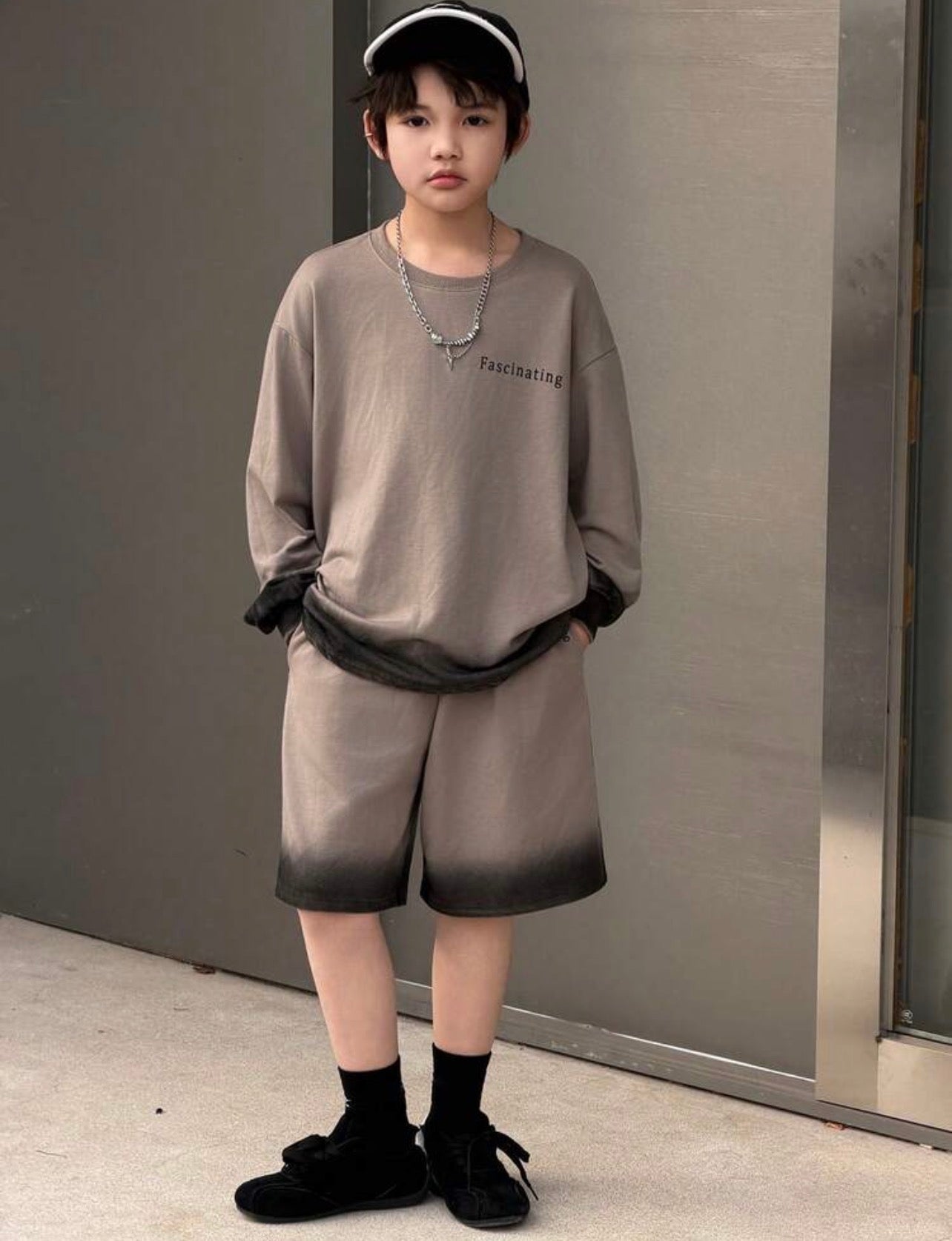 Tween Boys Letter Graphic Drop Shoulder Long Sleeve T-Shirt & Shorts Outfit Set