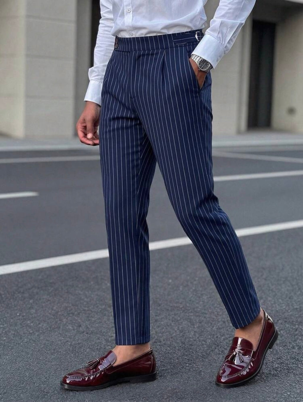 Men’s Striped Suit Pants with Slant Pockets – Casual Business Formal Trousers