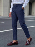 Men’s Striped Suit Pants with Slant Pockets – Casual Business Formal Trousers