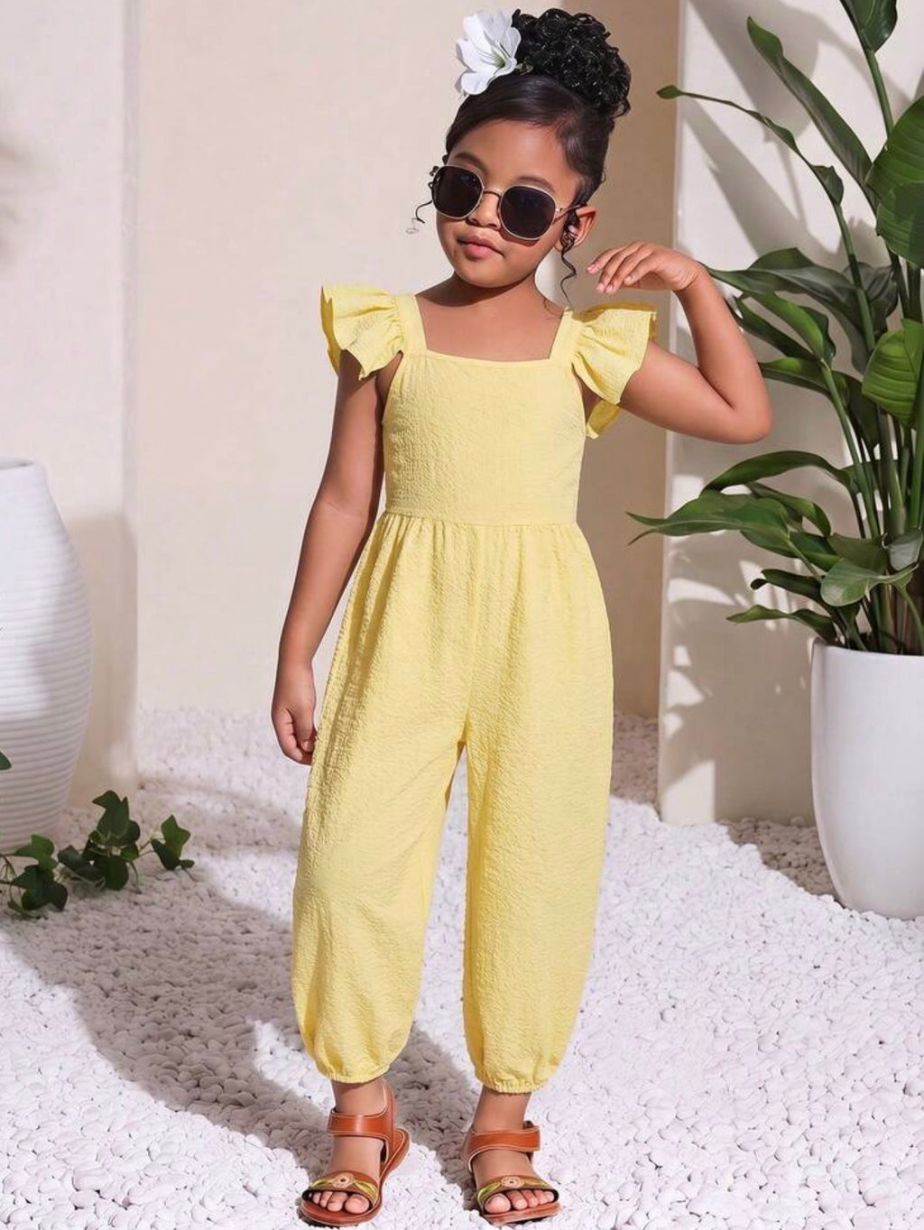 Girls Ditsy Floral Ruffled Collar Casual Jumpsuit