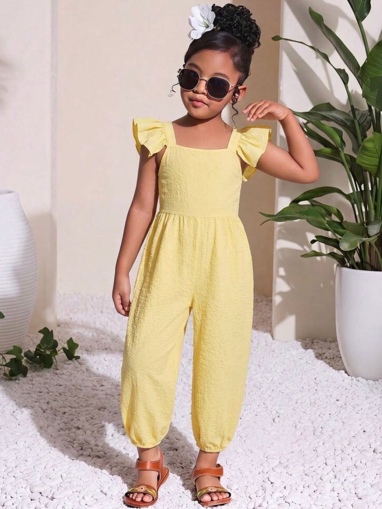 Girls Ditsy Floral Ruffled Collar Casual Jumpsuit