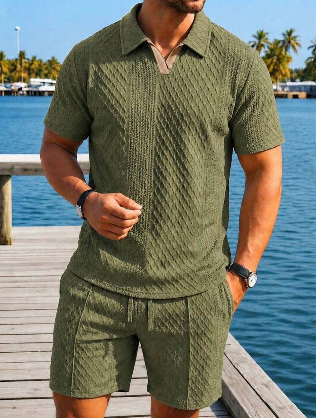 Men’s Polo Collar Short Sleeve Shirt & Shorts Two-Piece Resort Set – Casual Summer Outfit