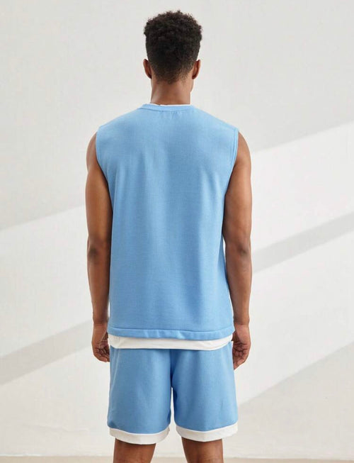Casual men’s blue knitted tank top and shorts set, round neck, lightweight summer outfit, perfect for daily wear and Father’s Day gift.