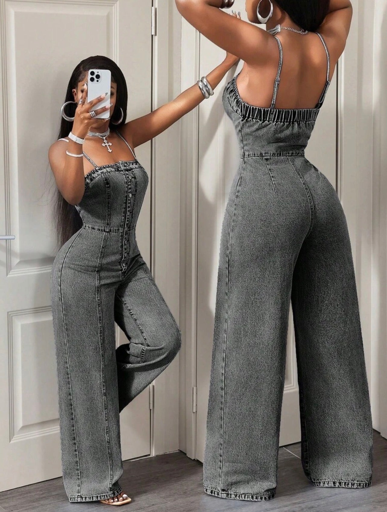Women’s Front Button Strap Denim Jumpsuit – Casual Cotton One-Piece Outfit