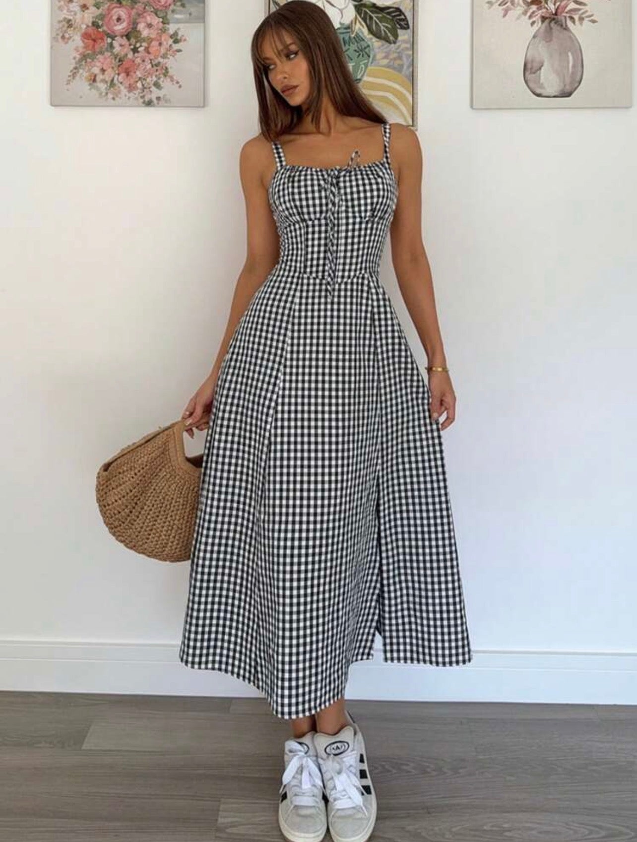 Women’s Floral Print Cinched Waist Slit Hem Cami Dress – Casual Resort Style