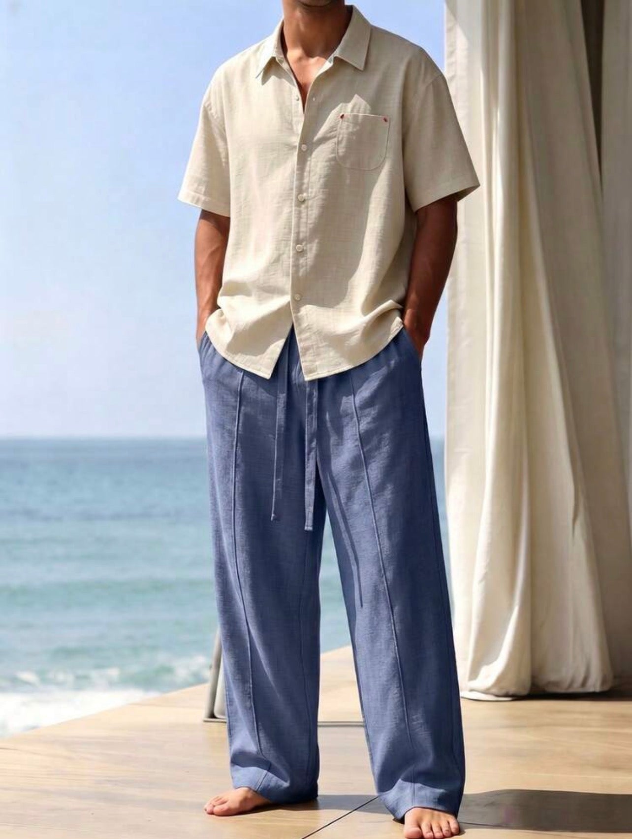 Men’s Linen-Like Vacation Two-Piece Set – Loose Fit Shirt & Long Pants Beach Outfit