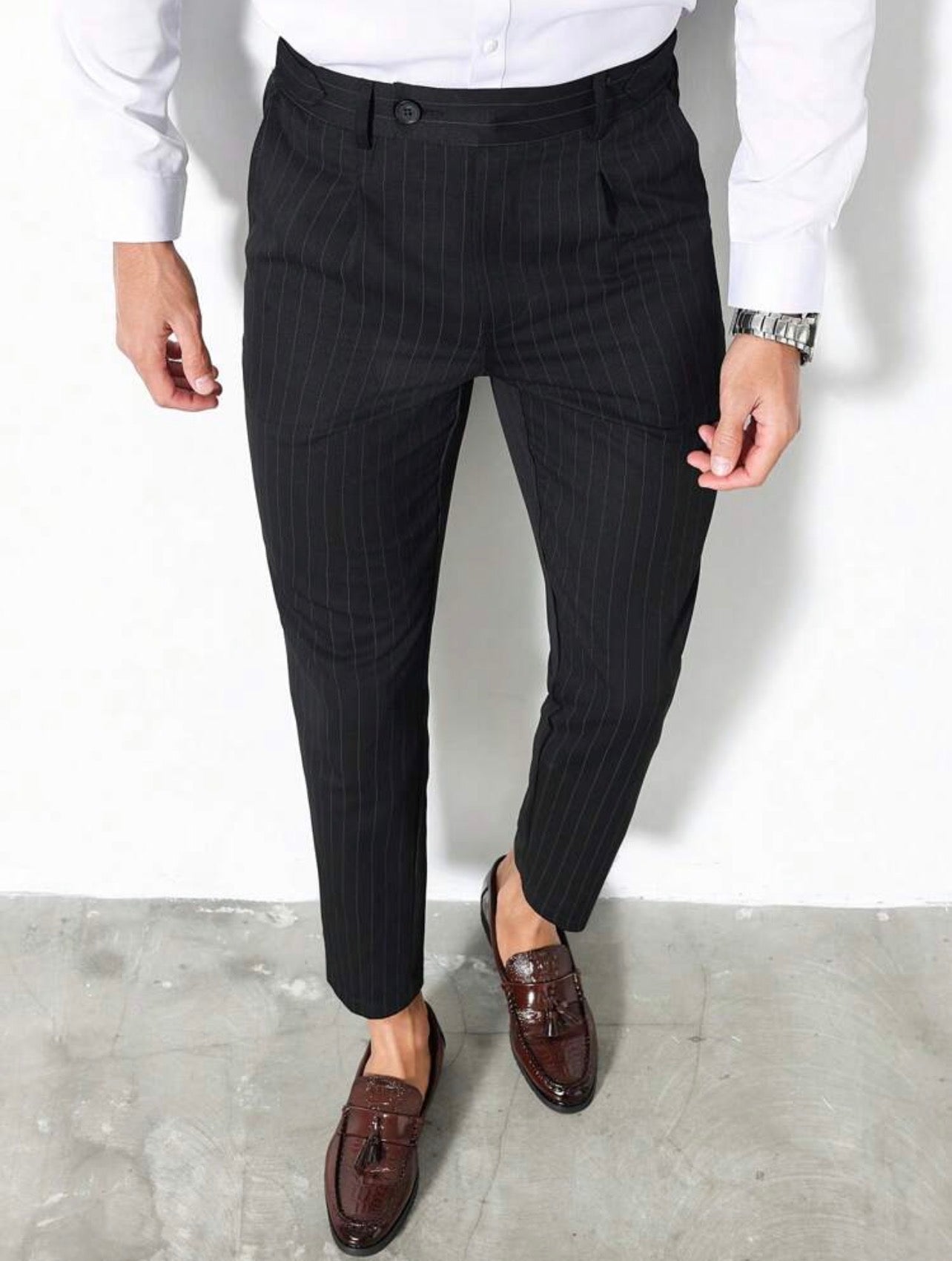 Men’s Vertical Striped Tapered Suit Pants – Business Casual Formal Trousers