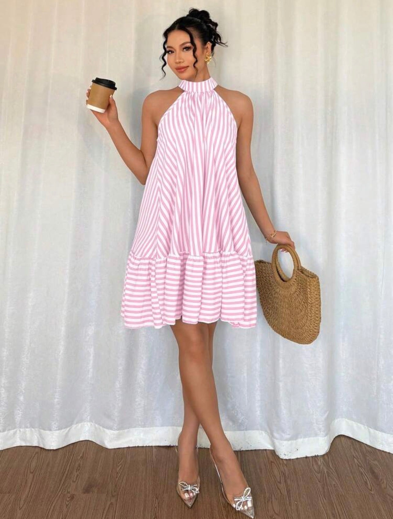 Elegant Halter Neck Sleeveless Cold Shoulder Striped Ruffle Hem Dress