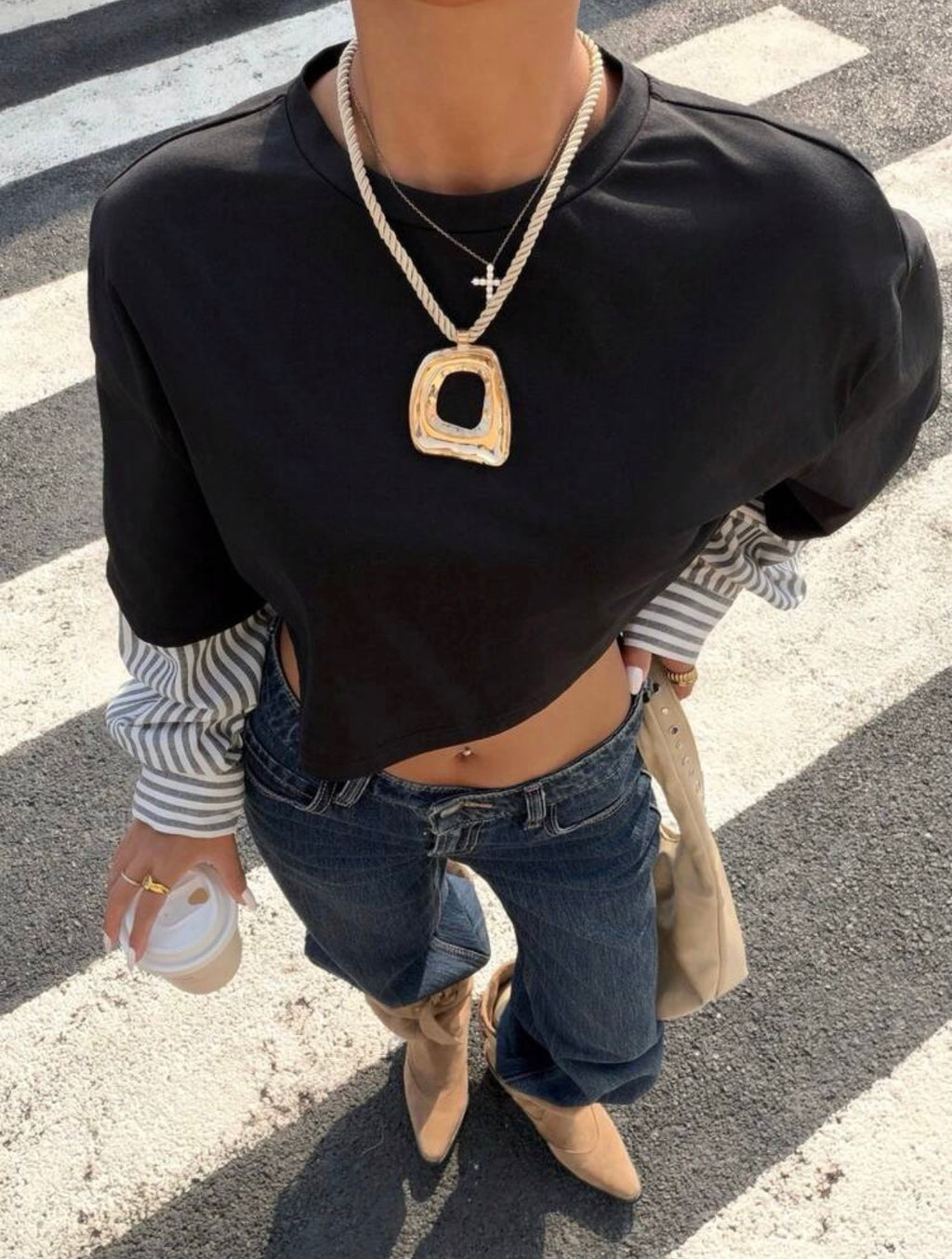 Women’s 2-in-1 Round Neck Loose Long Sleeve Cropped T-Shirt – Casual Fall Top