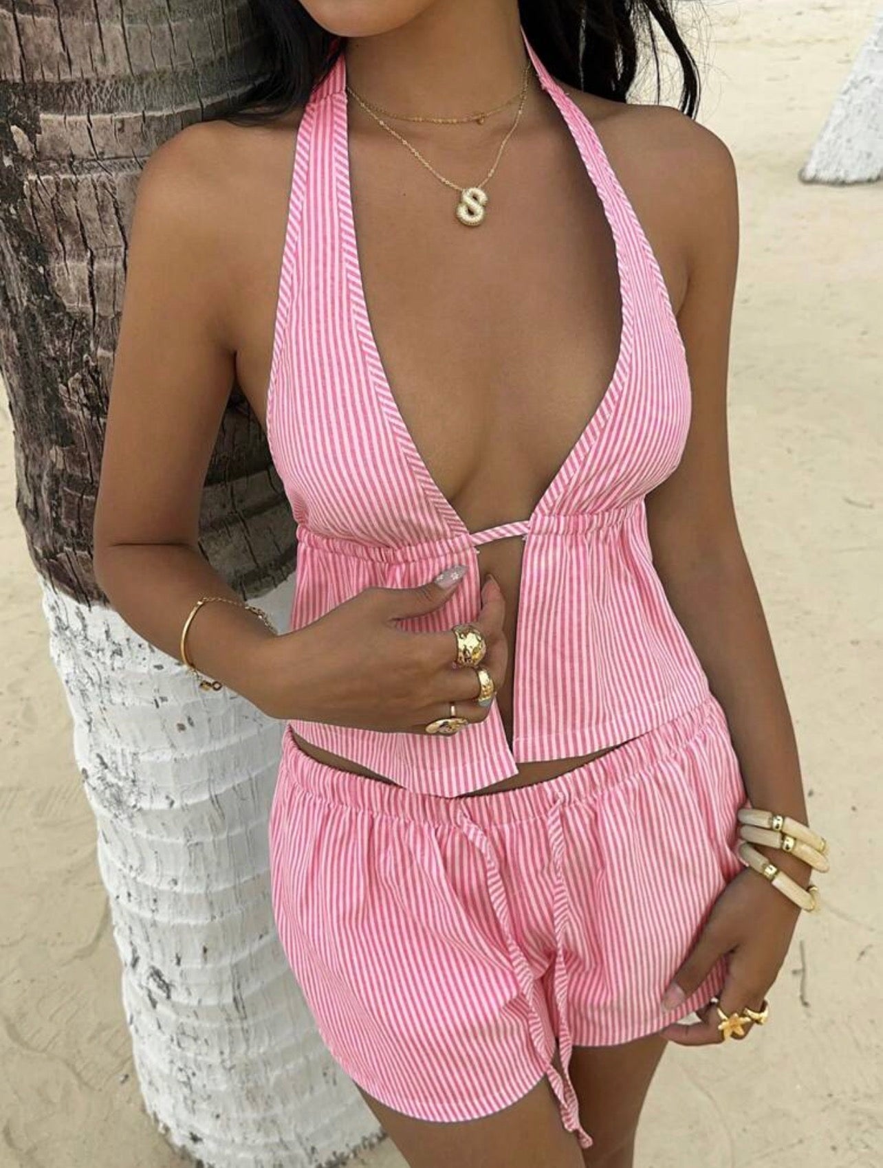 Women’s 2-Piece Linen Backless Tie-Up Vest & Frill Waist Shorts Set