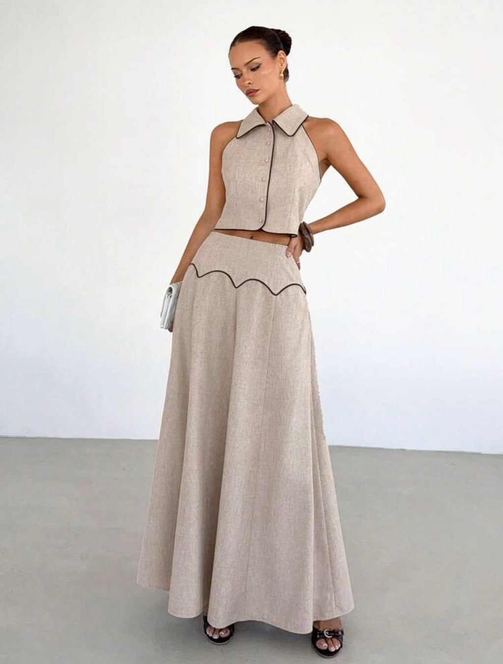 Women’s Linen Sleeveless Collared Top & High-Waisted Long Skirt Two-Piece Set