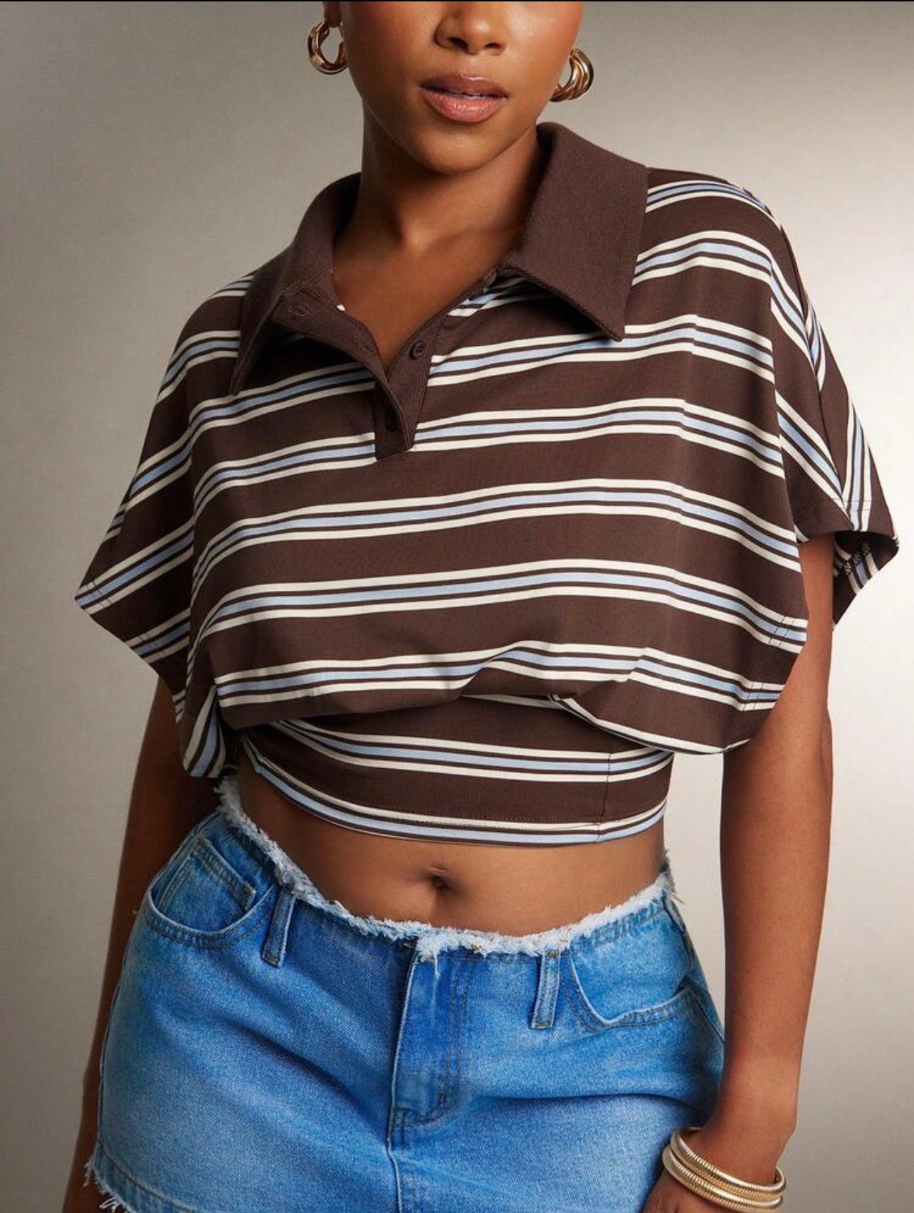 Women’s Cinched Waist Striped Polo Collar Top – Fashion Casual Shirt