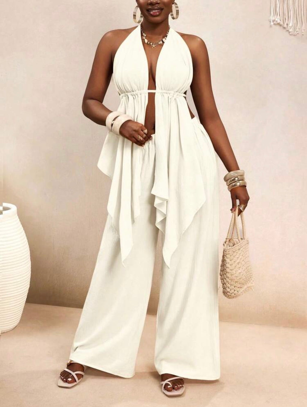 Women’s Bohemian Halter Backless Flowy Top & Wide Leg Pants Casual Vacation Set