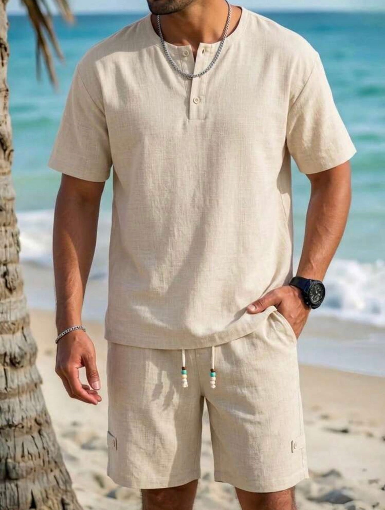 Men’s Linen-Look Henley Neck Polo Shirt & Shorts Two-Piece Set – Casual Summer Outfit