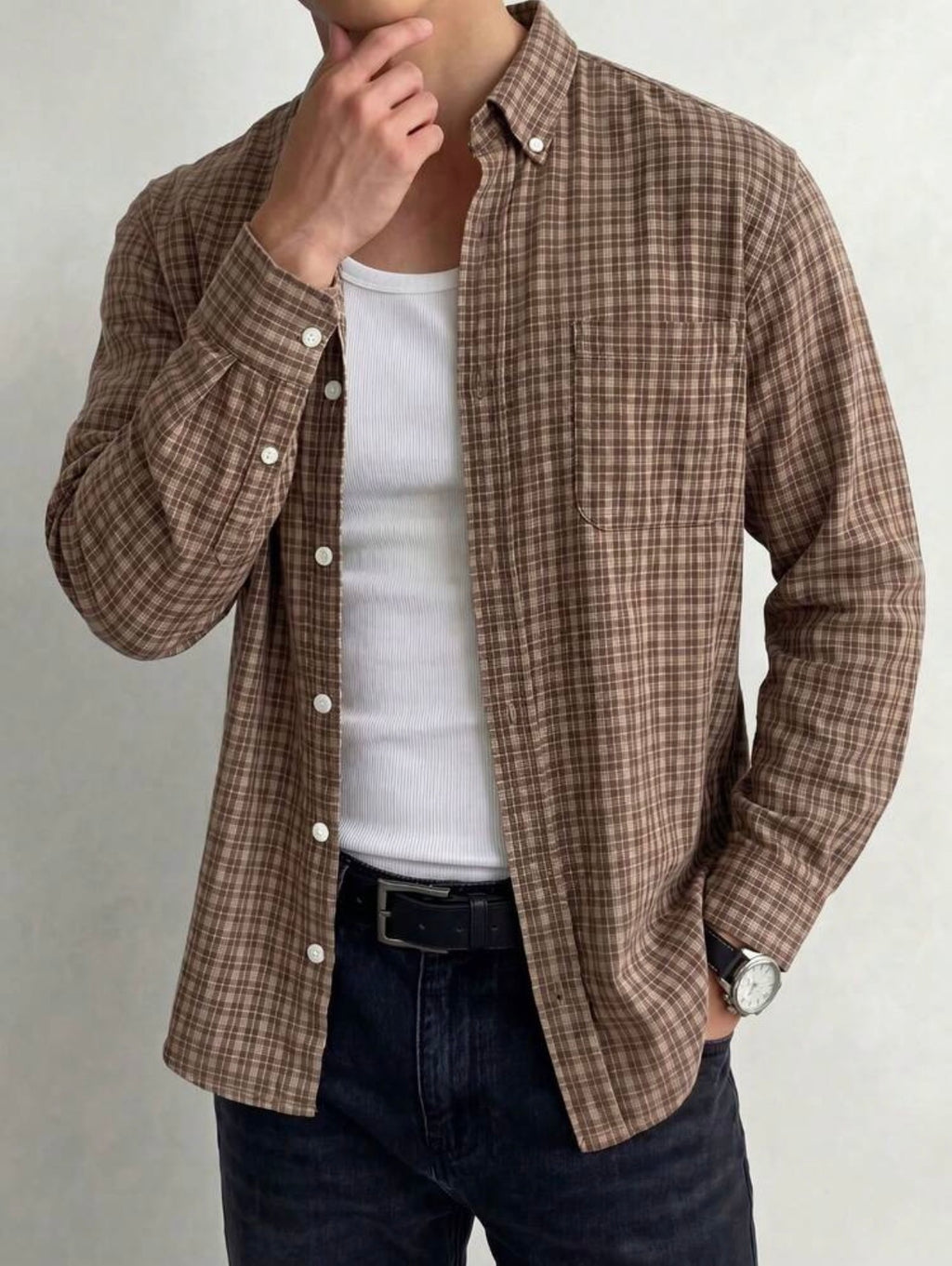 Men’s Contrast Plaid Button-Up Shirt – Vintage Casual Loose Fit Top