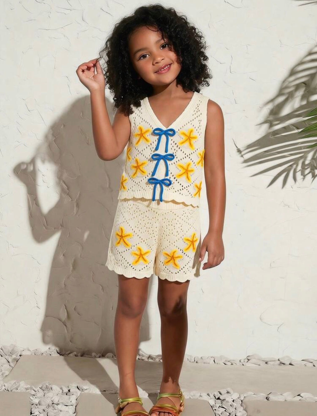 Girls Contrast Color V-Neck Knit Cover-Up Top & Shorts 2-Piece Set