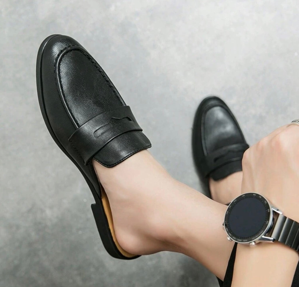 Men’s Classic Black & White Leather Slip-On Mule Sandals