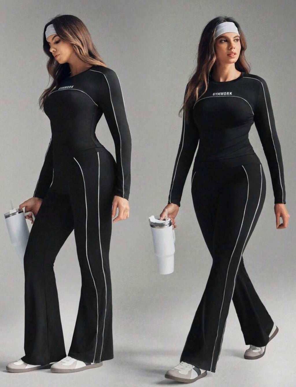 Women’s Plus Size Black & White Long Sleeve Yoga Workout Set