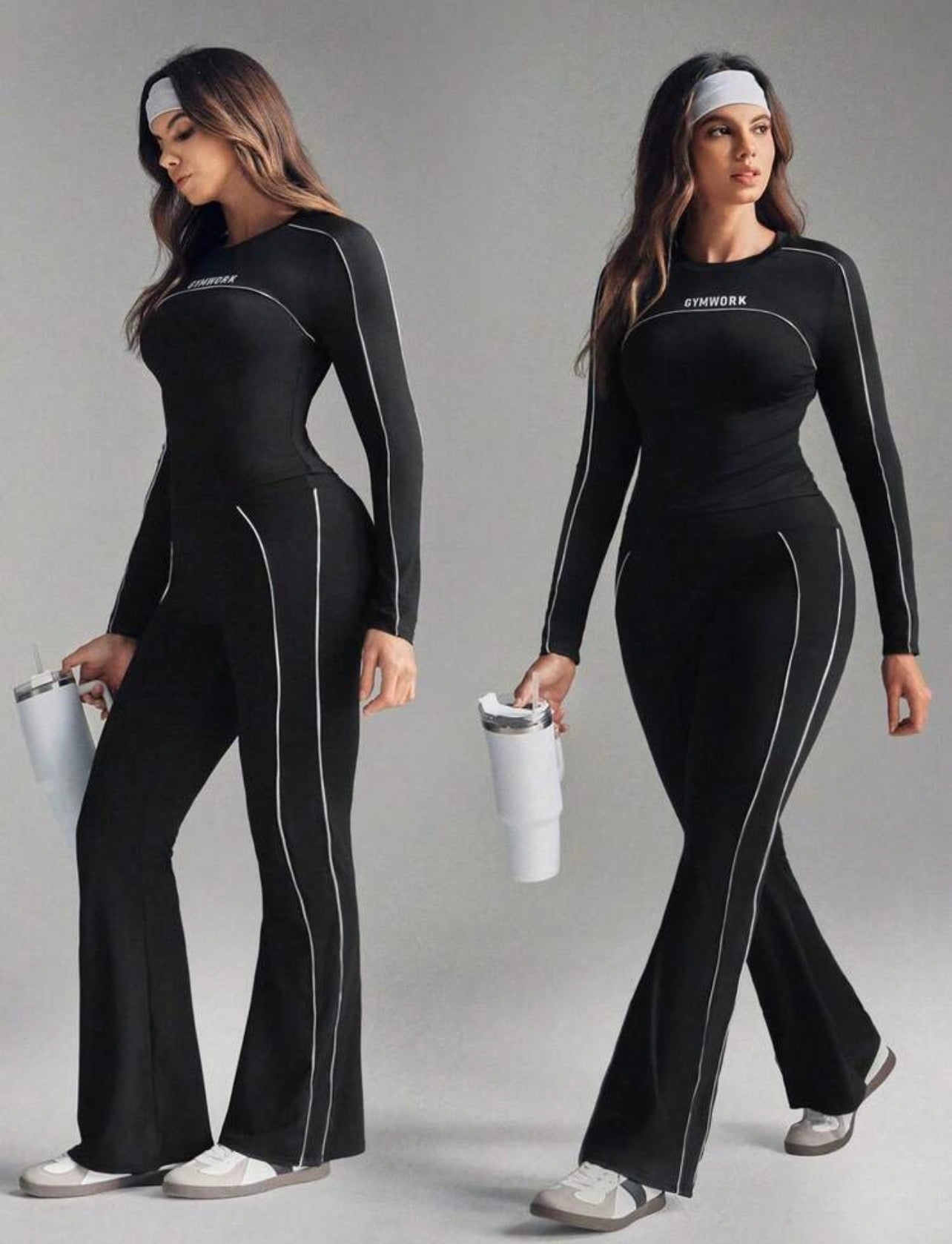 Women’s Plus Size Black & White Long Sleeve Yoga Workout Set
