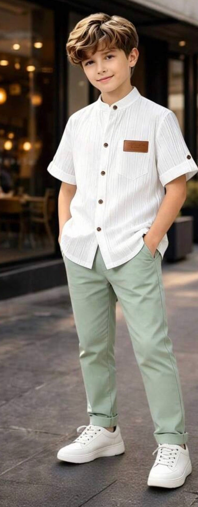 Older Boys Textured Striped Collared Short Sleeve Shirt & Pants Formal Set