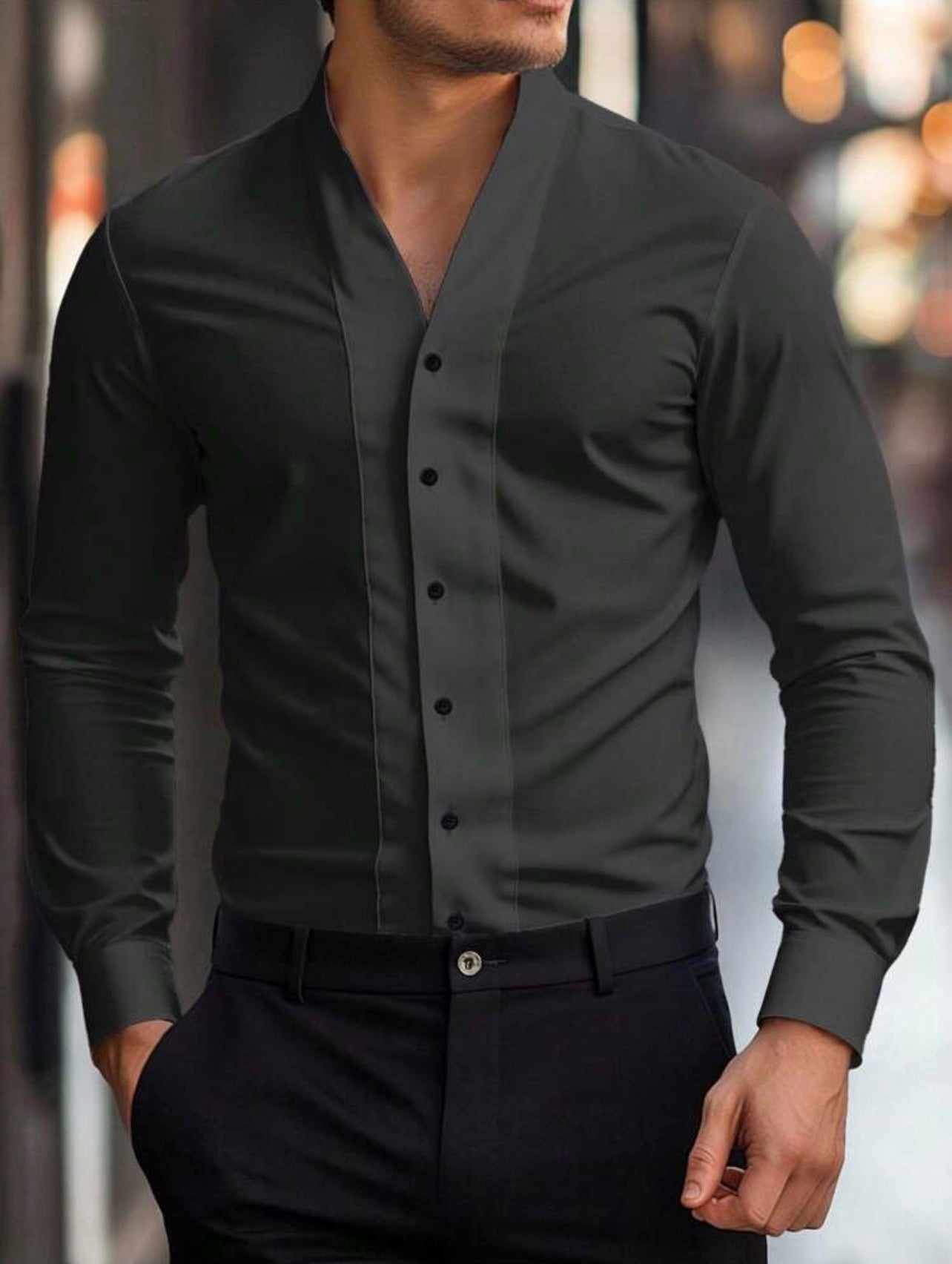 Men’s Solid Color Button-Front Long Sleeve Casual Business Shirt – Zip Detail Formal Style Top