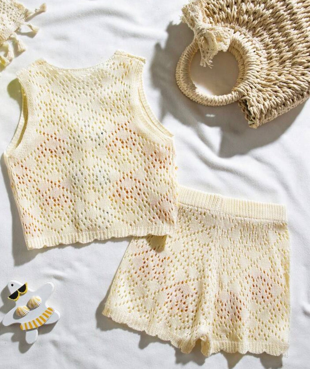 Girls Contrast Color V-Neck Knit Cover-Up Top & Shorts 2-Piece Set