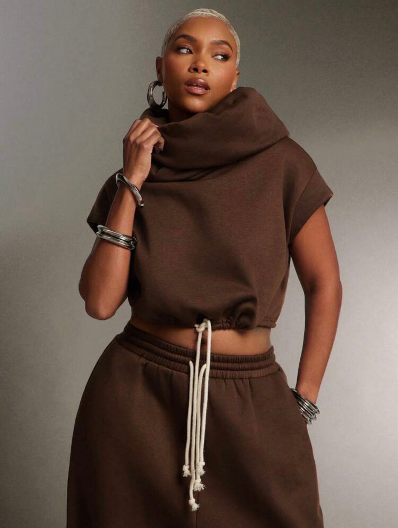 Women’s High Neck Hooded Terry Sweatshirt Top – Multi-Wear Streetwear Hoodie