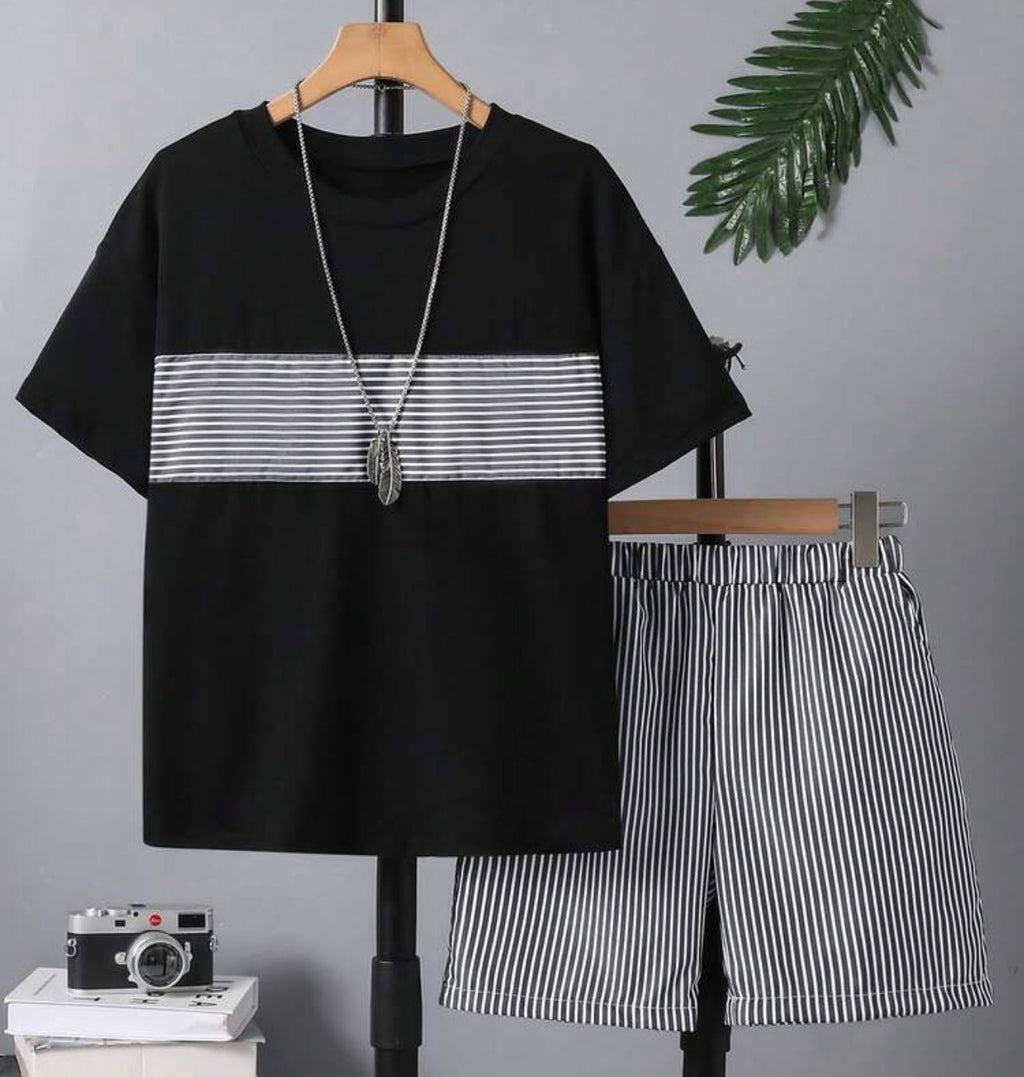 Boys Navy Blue Striped T-Shirt & Loose Shorts Casual Summer Sports Set