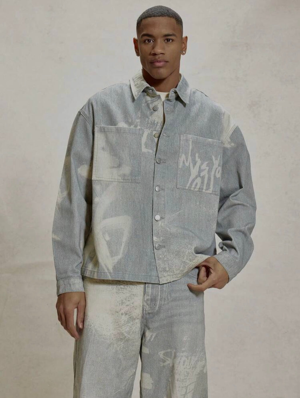 Men’s Oversized Boxy Printed Collared Button-Up Shirt – Drop Shoulder Coord Top