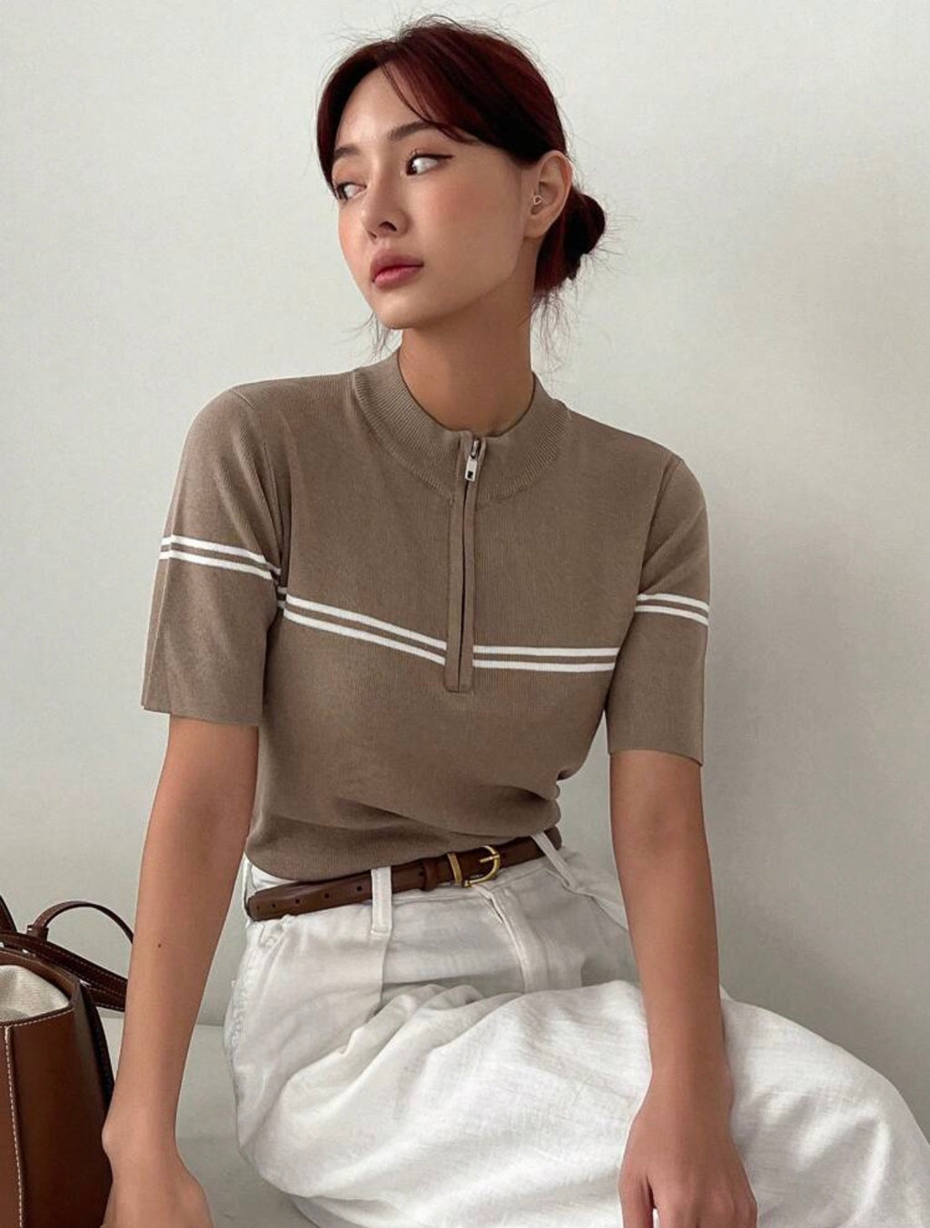 Women’s Business Casual Stand Collar Short Sleeve Knit Pullover Top