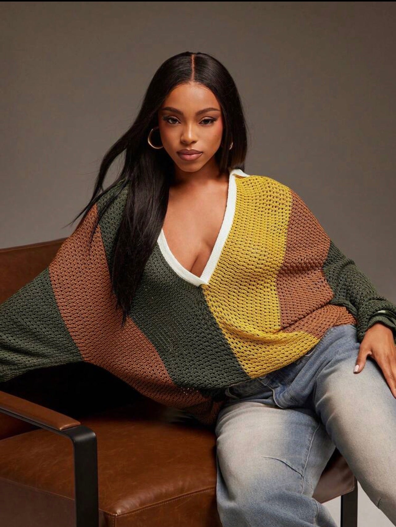 Women’s Collared Oversized Striped Knit Long Sleeve Top – Casual Streetwear